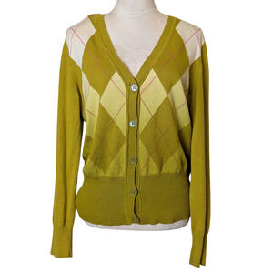 Twee Prep Ombre Argyle Button Down Cotton Cardigan Women's L